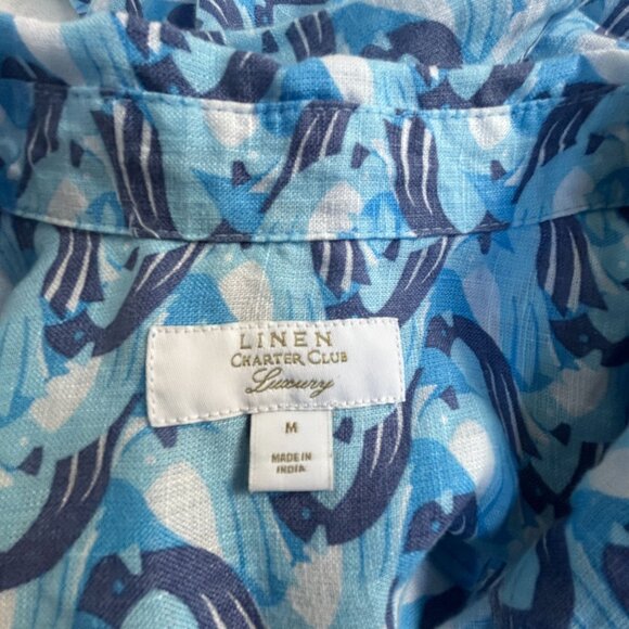Charter Club Luxury Womens Linen Button Up Shirt Blue Wave Pattern Medium Casual - Picture 3 of 7